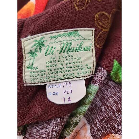 Vintage Ui Maikai Brown Orange Hibiscus Floral Print Hawaiian Maxi Dress 14 Luau - Picture 9 of 9